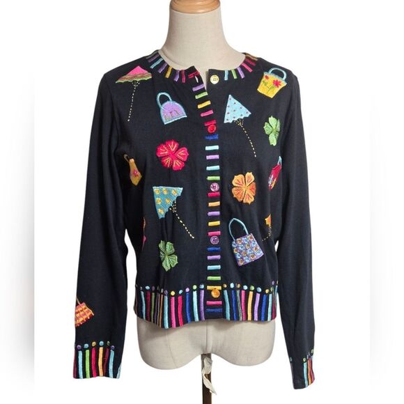 Michael Simon Colorful Embroidered Black Cardigan - Picture 1 of 6